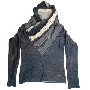 Desegual Terry Cloth Gray Sweater Top with Scarf Detail Fits Best Size S